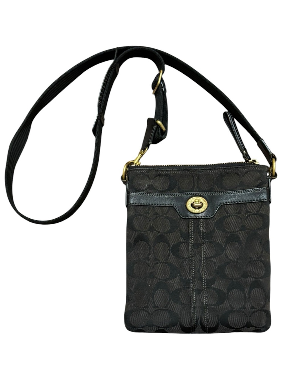 Vintage Y2K Coach Black Hamptons Signature Canvas Crossbody w Turn-Lock & Zipper